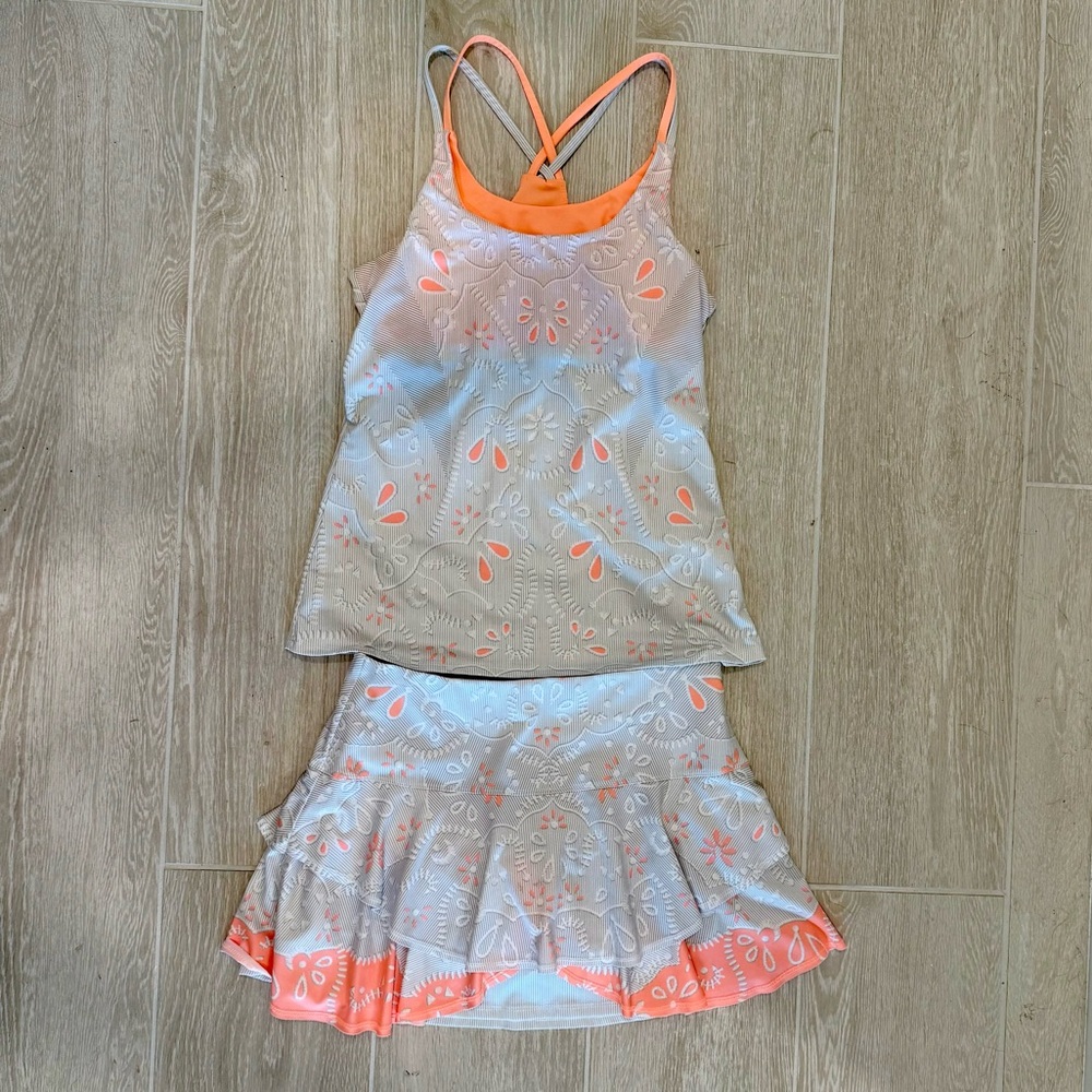Lucky in Love Beige and Coral Cutout Tank & Skirt Set